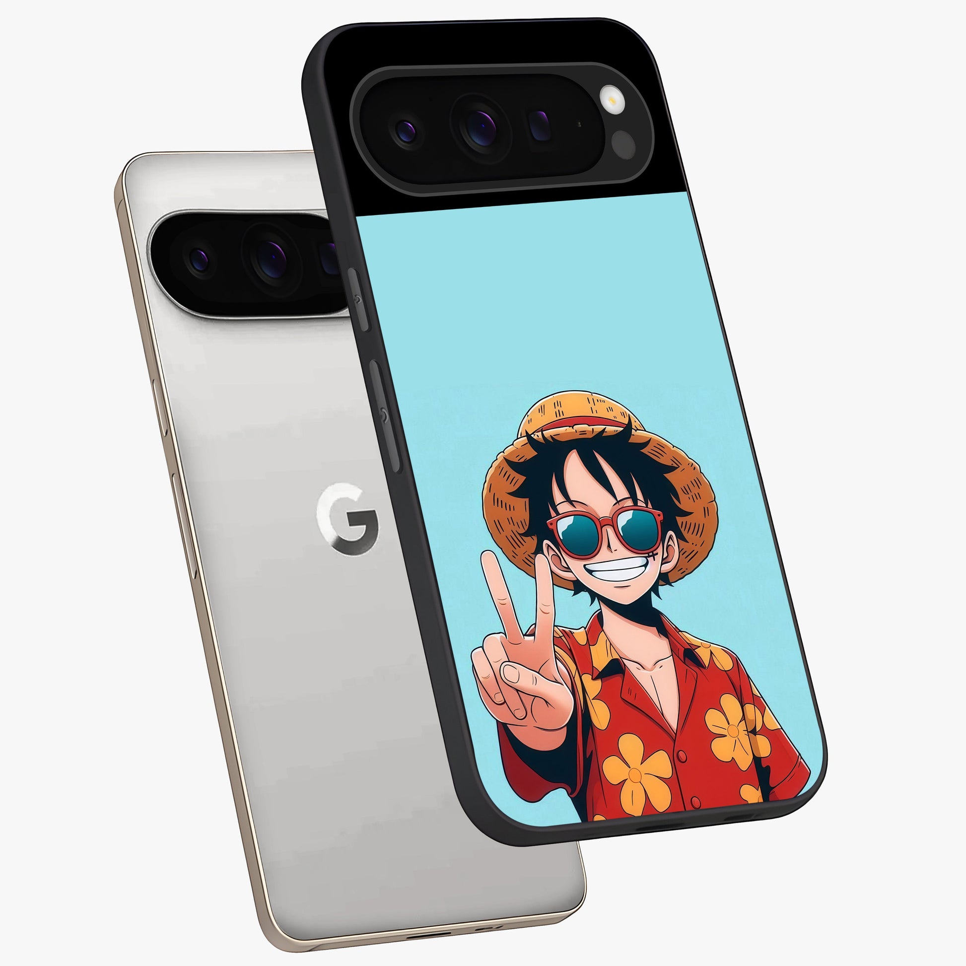 Luffy Summer Anime Vibe Glass Case displayed in angled mockup highlighting energetic anime illustration with summer vibe aesthetic.