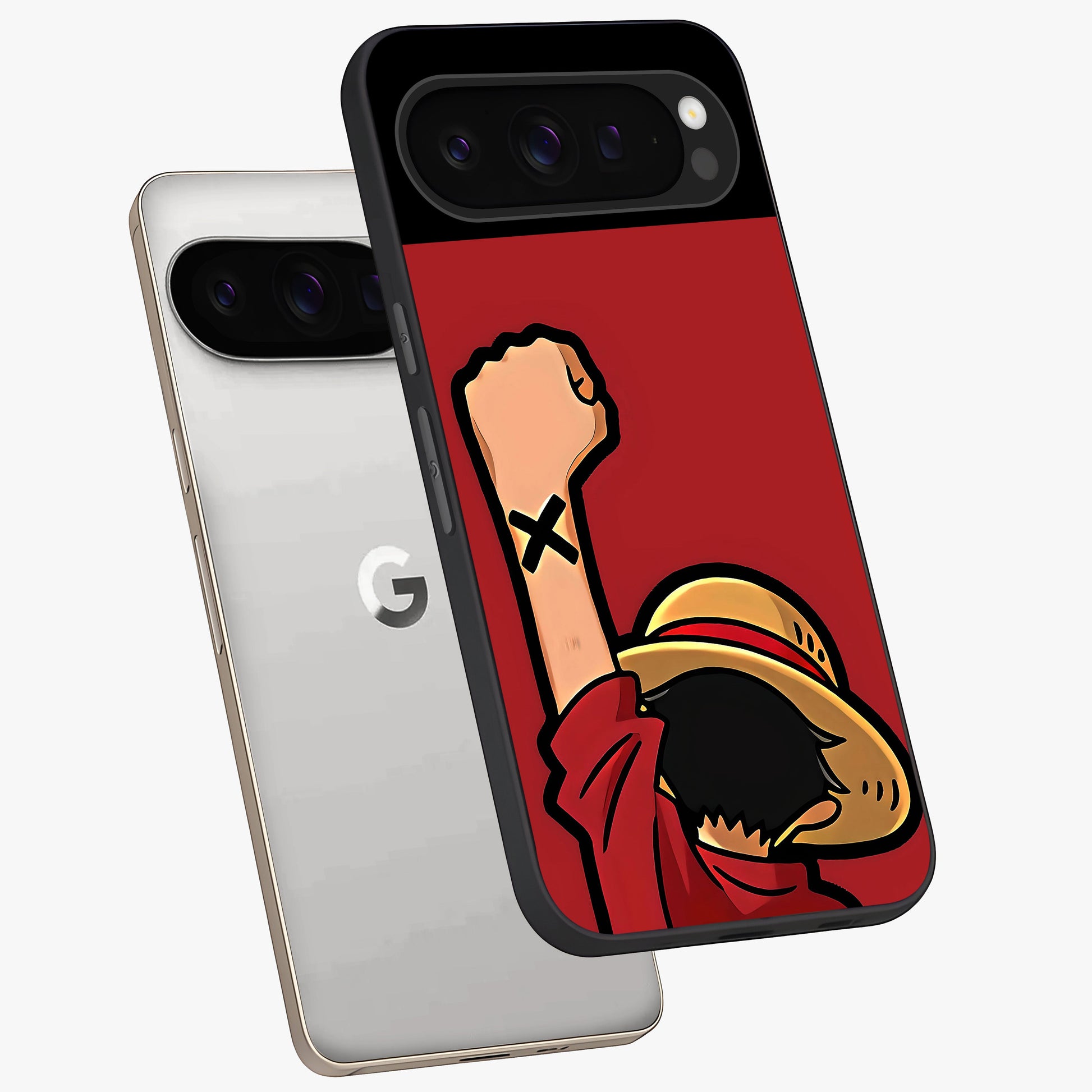 Luffy X Spirit Glass Case displayed in angled mockup highlighting powerful anime design with energetic action aesthetic.