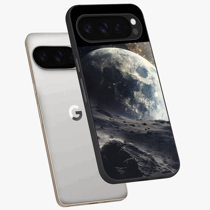 Lunar Horizon Glow Glass Case displayed in angled mockup highlighting celestial moon design with dreamy night aesthetic.