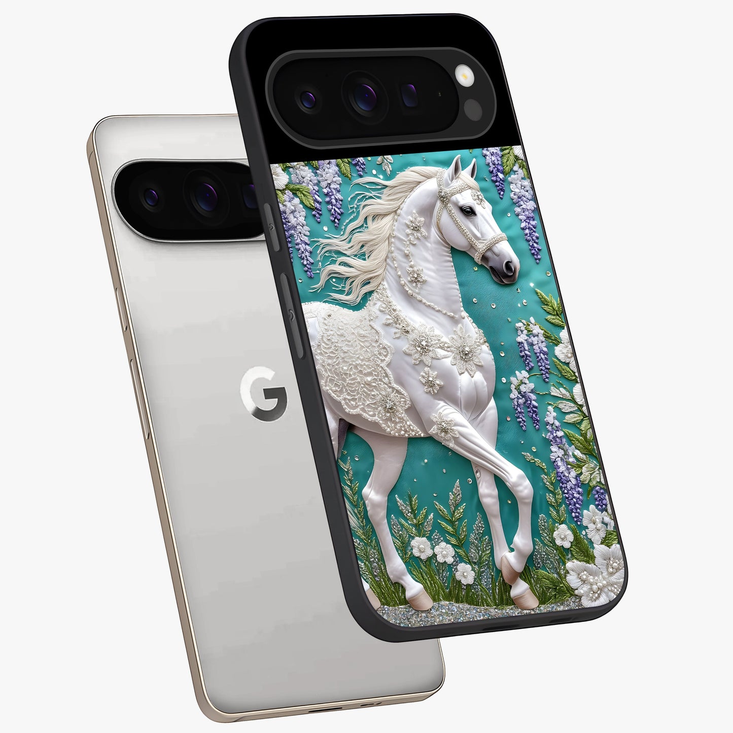 Majestic Floral Stallion Glass Case displayed in angled mockup highlighting majestic stallion illustration with elegant floral aesthetic.
