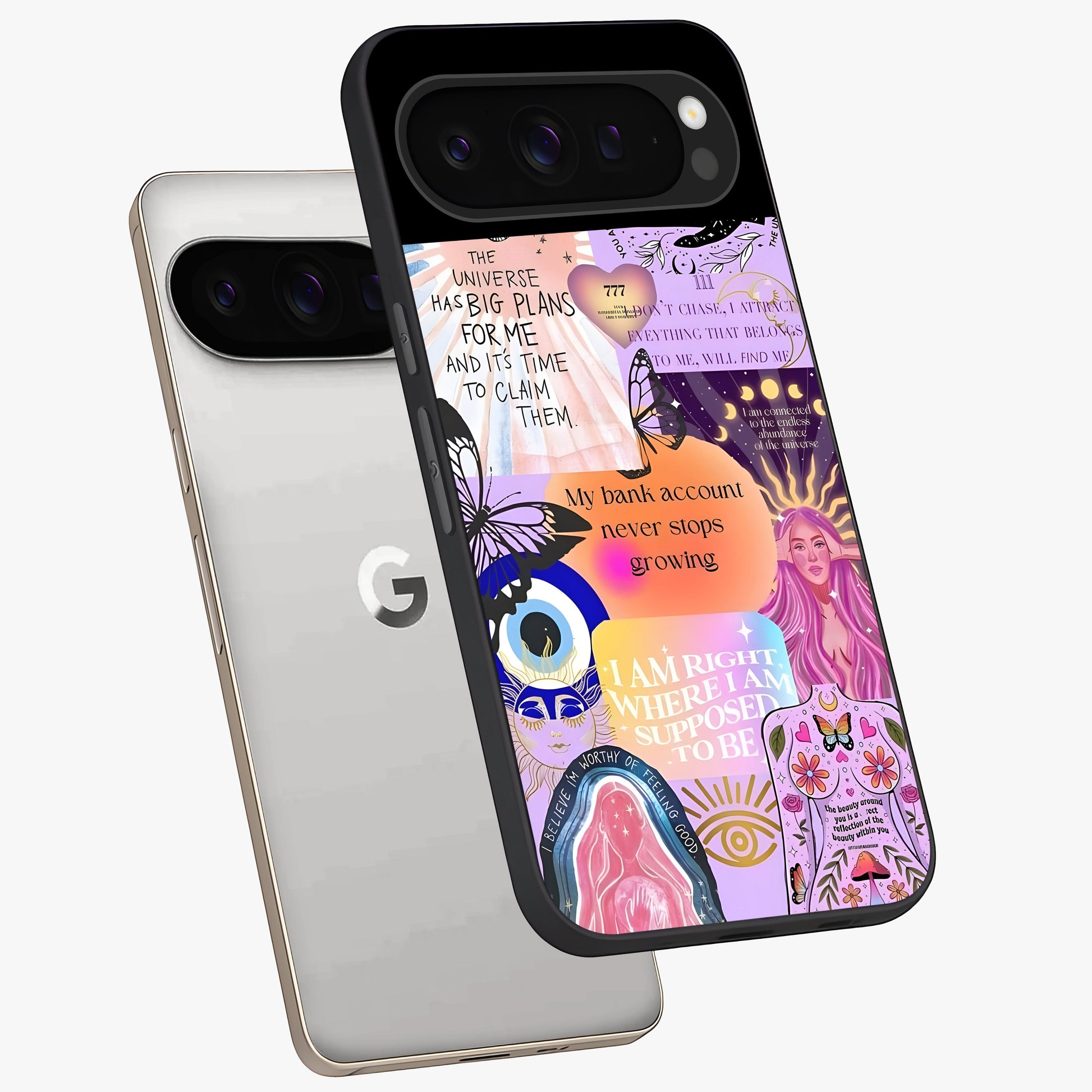 Manifestation Collage Glass Case displayed in angled mockup highlighting inspirational aesthetic collage design.
