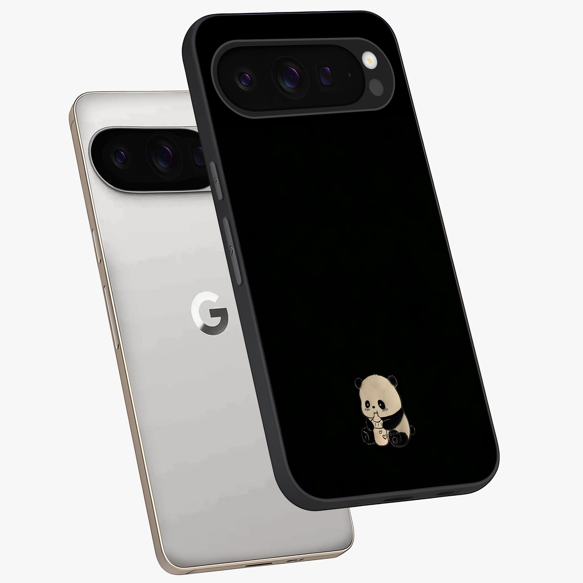 Midnight Panda Love Glass Case displayed in angled mockup highlighting adorable panda illustration with midnight aesthetic.