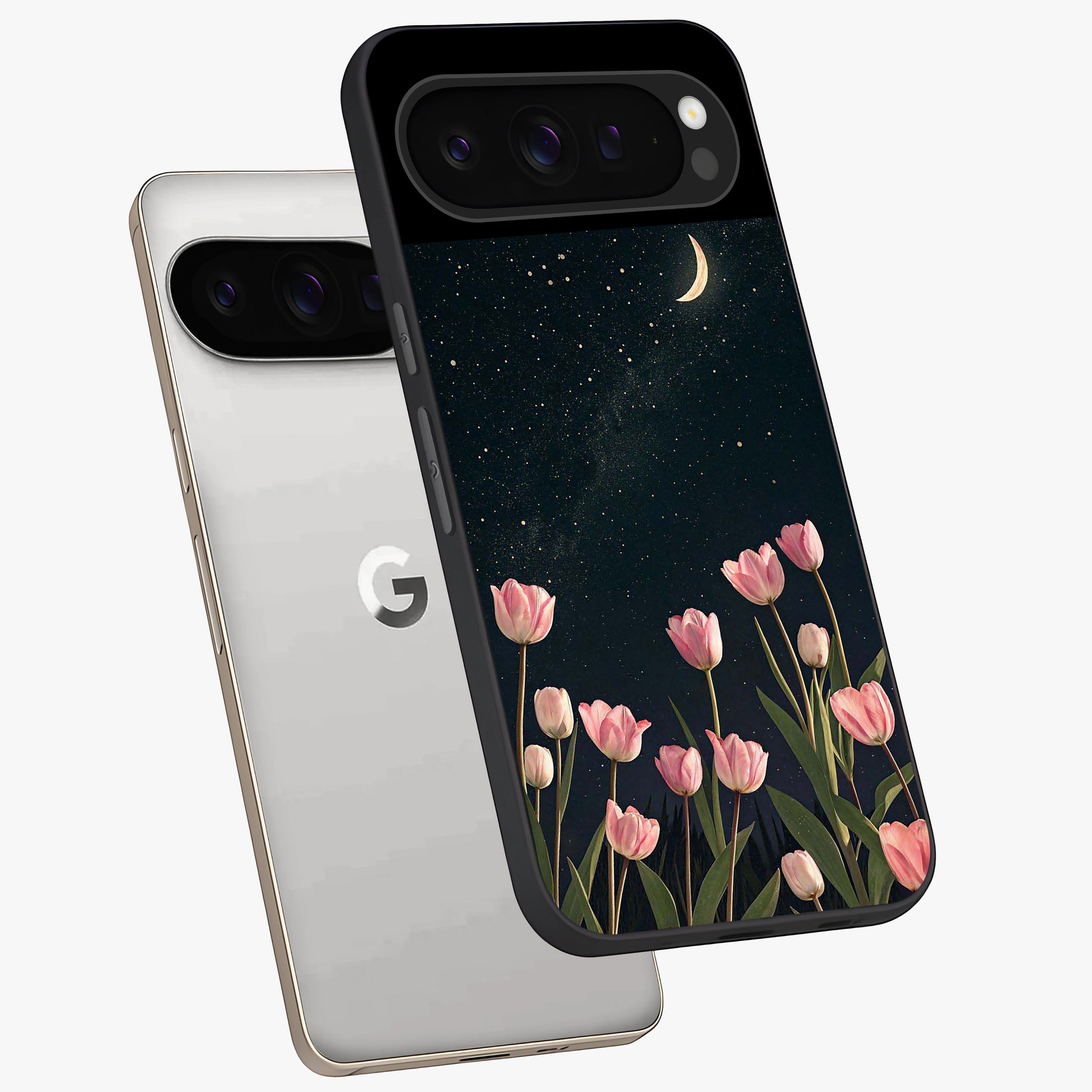 Midnight Tulip Whispers Vibe Glass Case displayed in angled mockup highlighting delicate tulip design with midnight floral aesthetic.