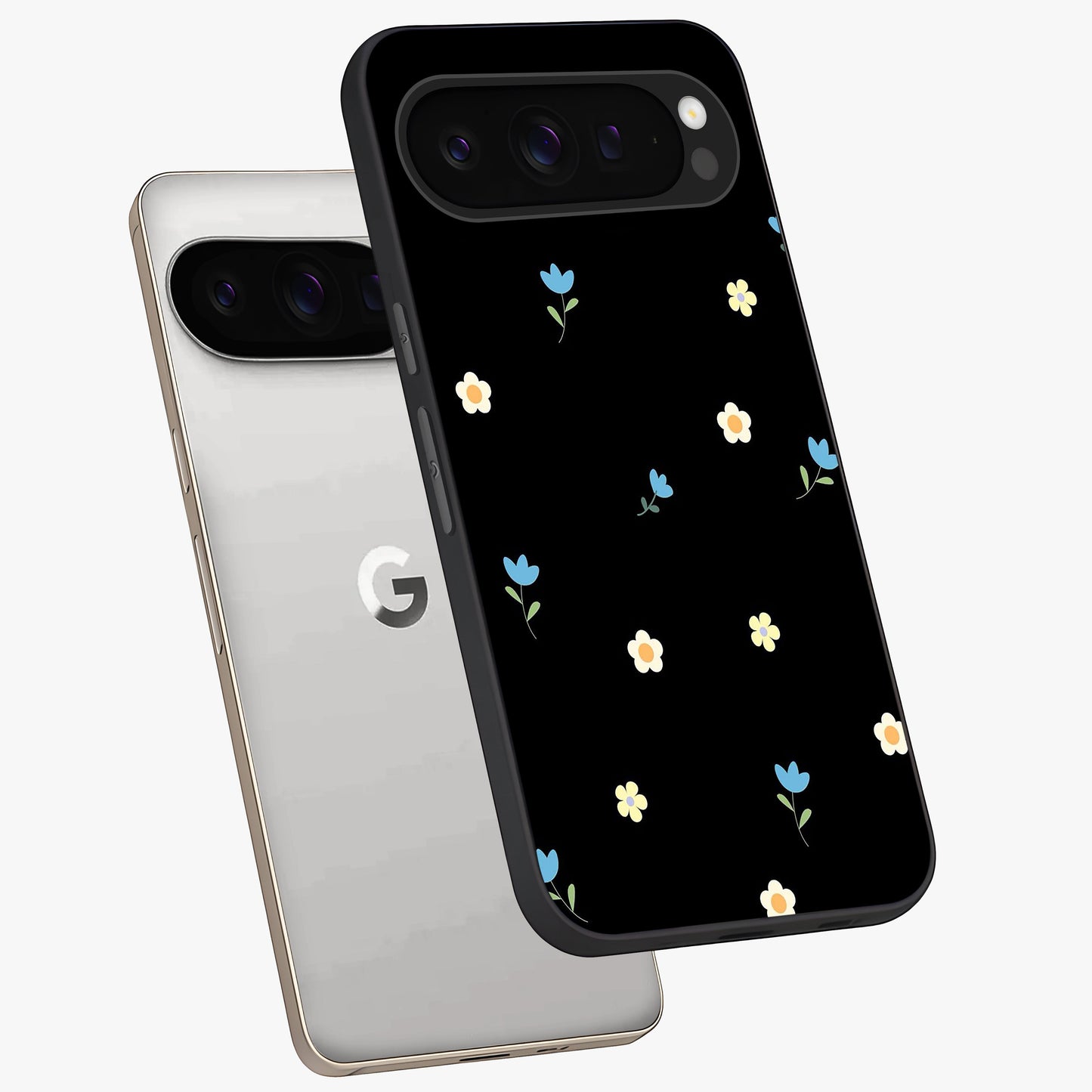Minimal Petal Whispers Glass Case displayed in angled mockup highlighting delicate petal design with clean minimal aesthetic.