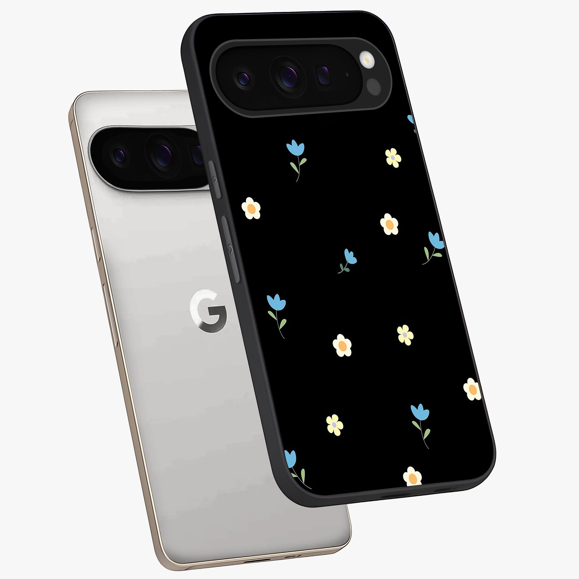 Minimal Petal Whispers Glass Case displayed in angled mockup highlighting delicate petal design with clean minimal aesthetic.