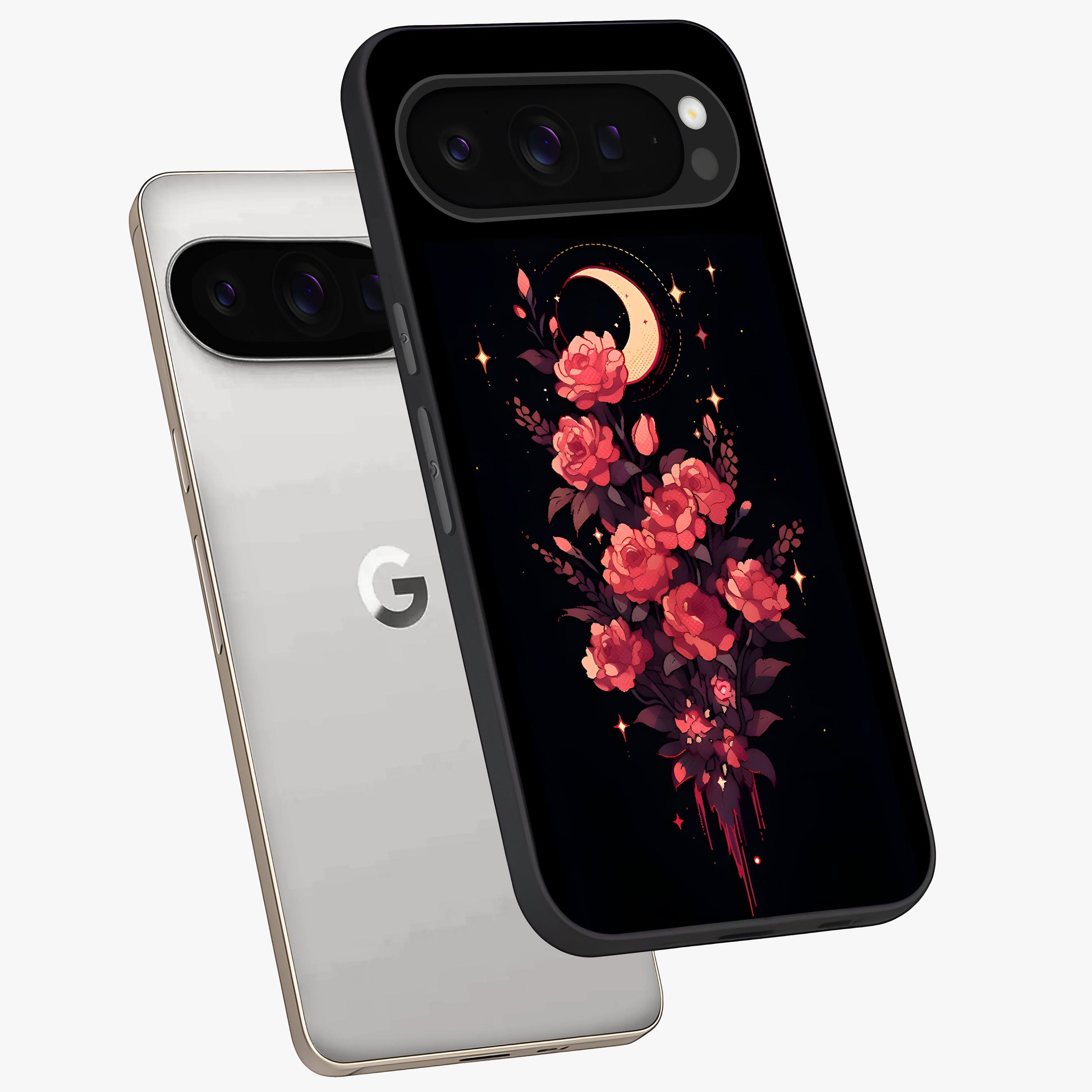 Moonlit Floral Elegance Glass Case displayed in angled mockup highlighting graceful flower design with soft moonlight aesthetic.