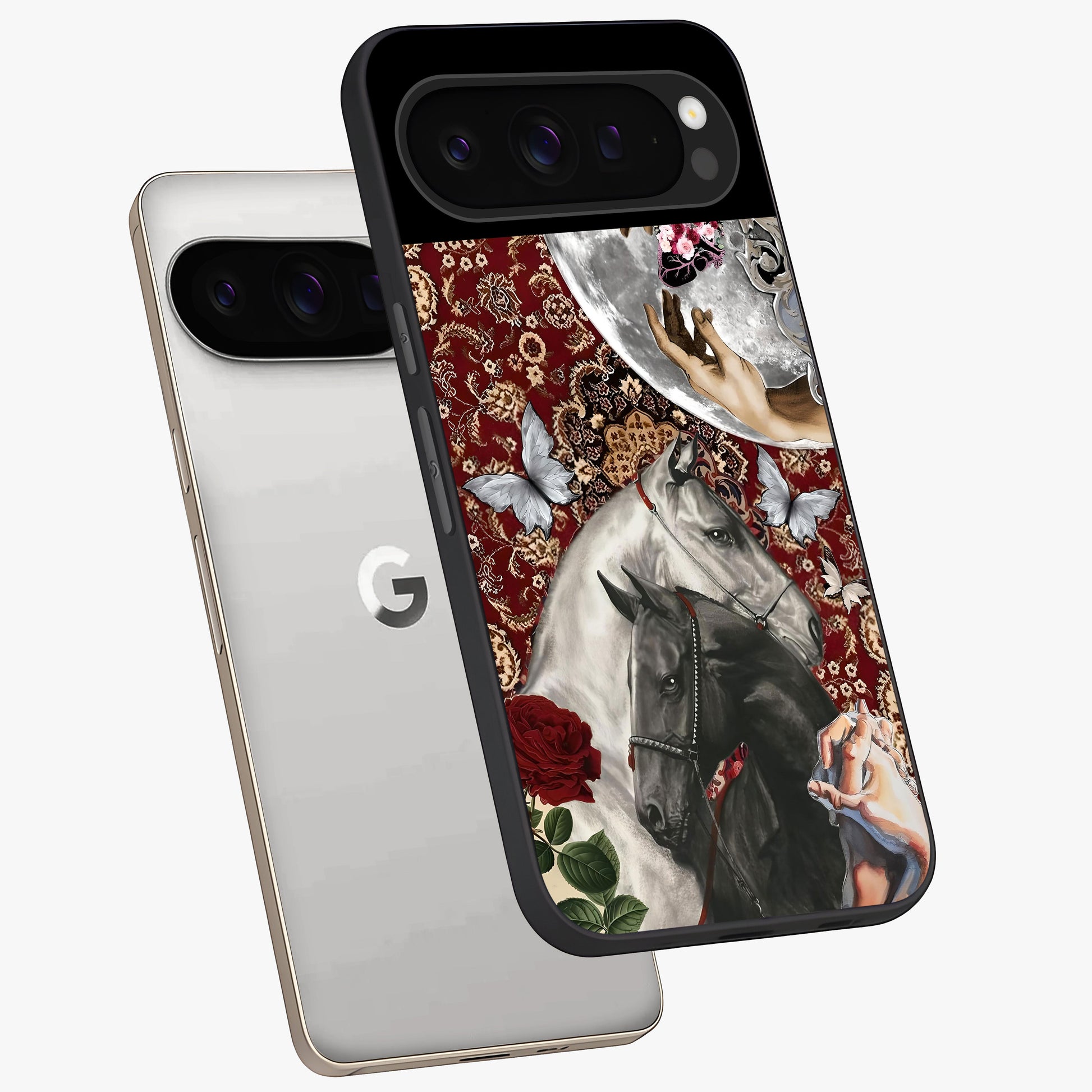 Moonlit Royal Stallion Glass Case displayed in angled mockup highlighting powerful stallion illustration with royal night aesthetic.