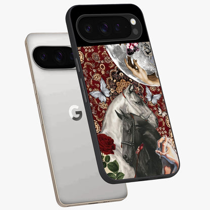 Moonlit Royal Stallion Glass Case displayed in angled mockup highlighting powerful stallion illustration with royal night aesthetic.