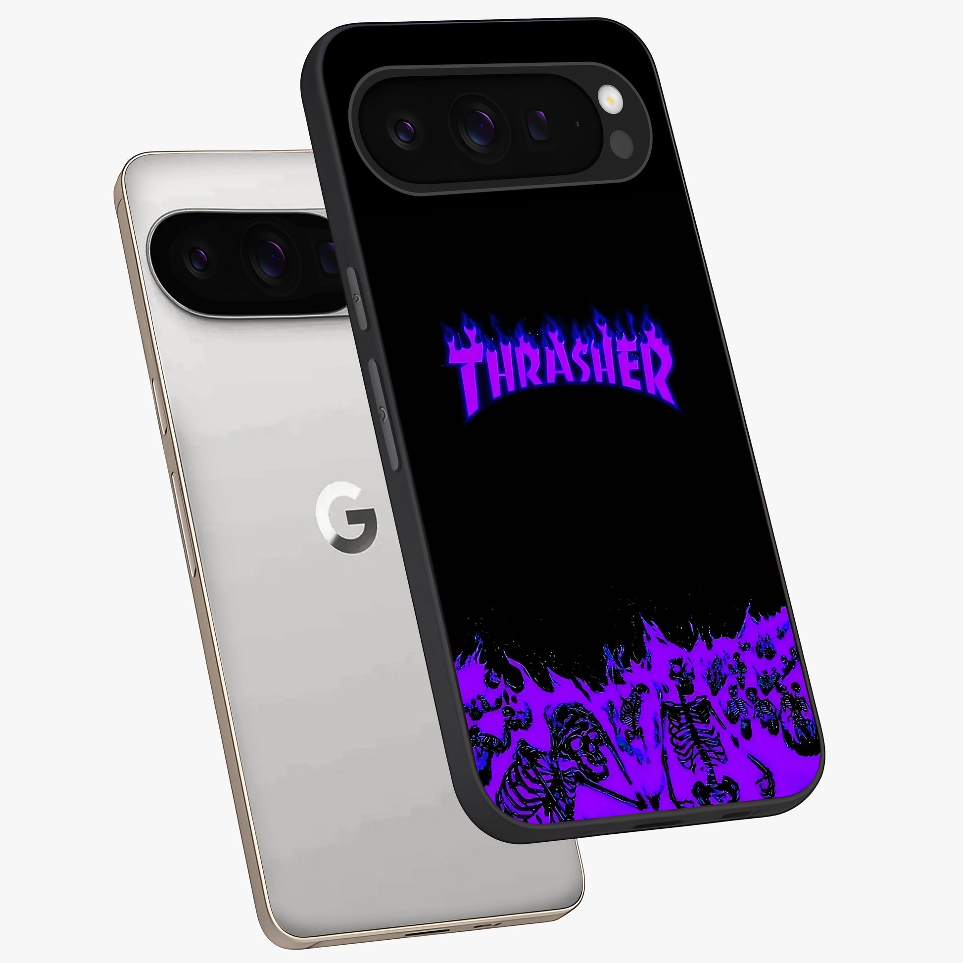 Neon Flame Riot Glass Case displayed in angled mockup highlighting glowing flame design with vibrant neon aesthetic.