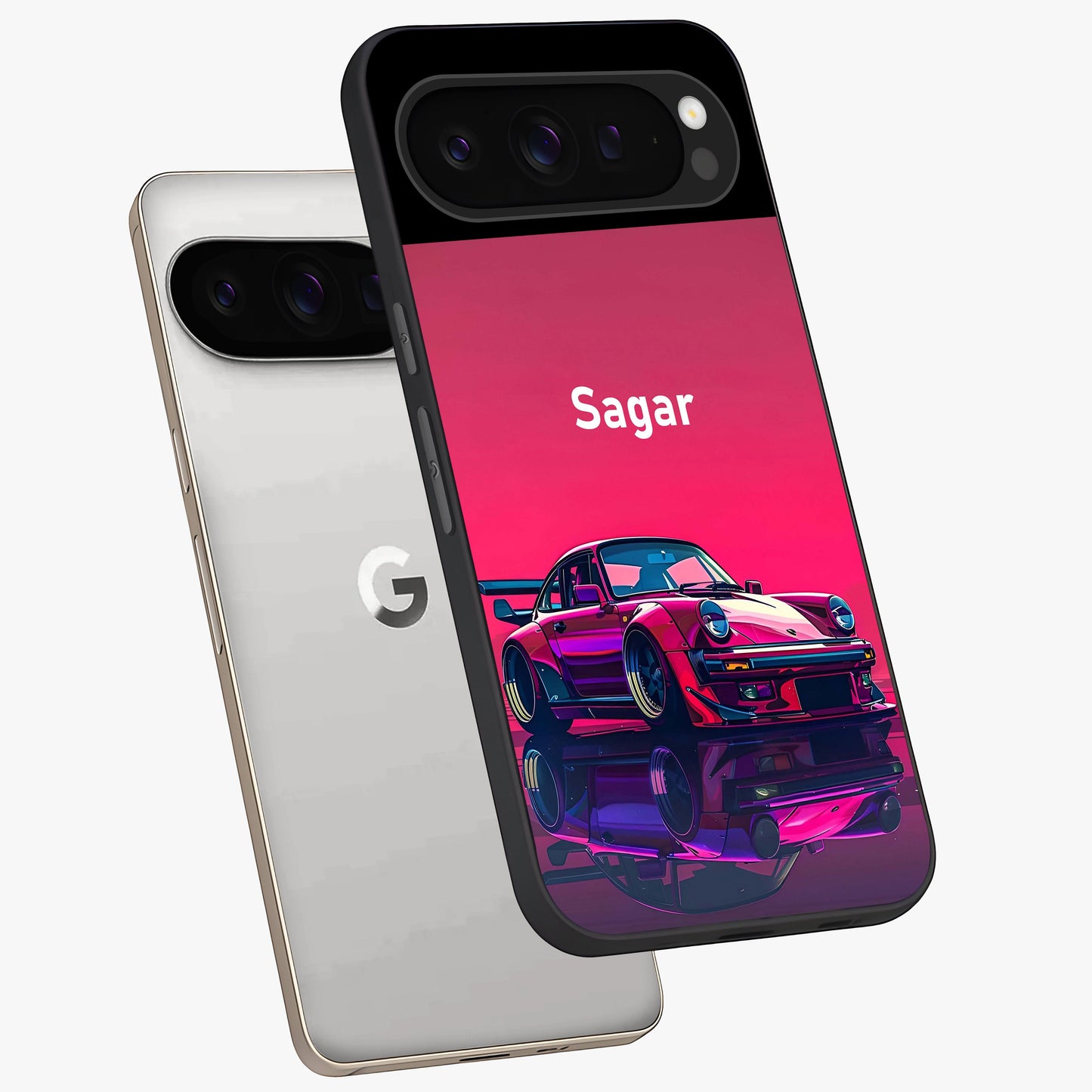Neon Pink Porsche Glass Case displayed in angled mockup highlighting sleek neon pink car design with racing aesthetic.