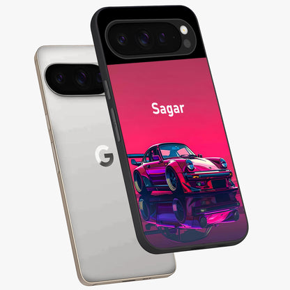 Neon Pink Porsche Glass Case displayed in angled mockup highlighting sleek neon pink car design with racing aesthetic.
