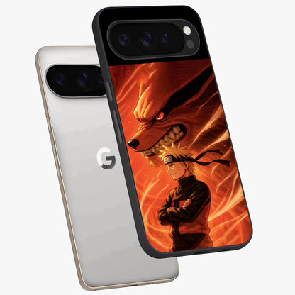 Nine Tails Legacy Glass Case displayed in angled mockup highlighting dynamic anime beast illustration with bold mystical aesthetic.