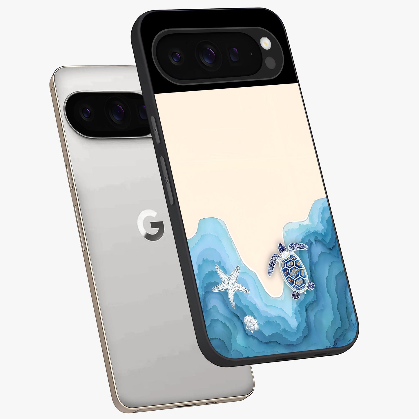 Ocean Drift Turtle Glass Case displayed in angled mockup highlighting peaceful ocean turtle illustration with marine aesthetic.