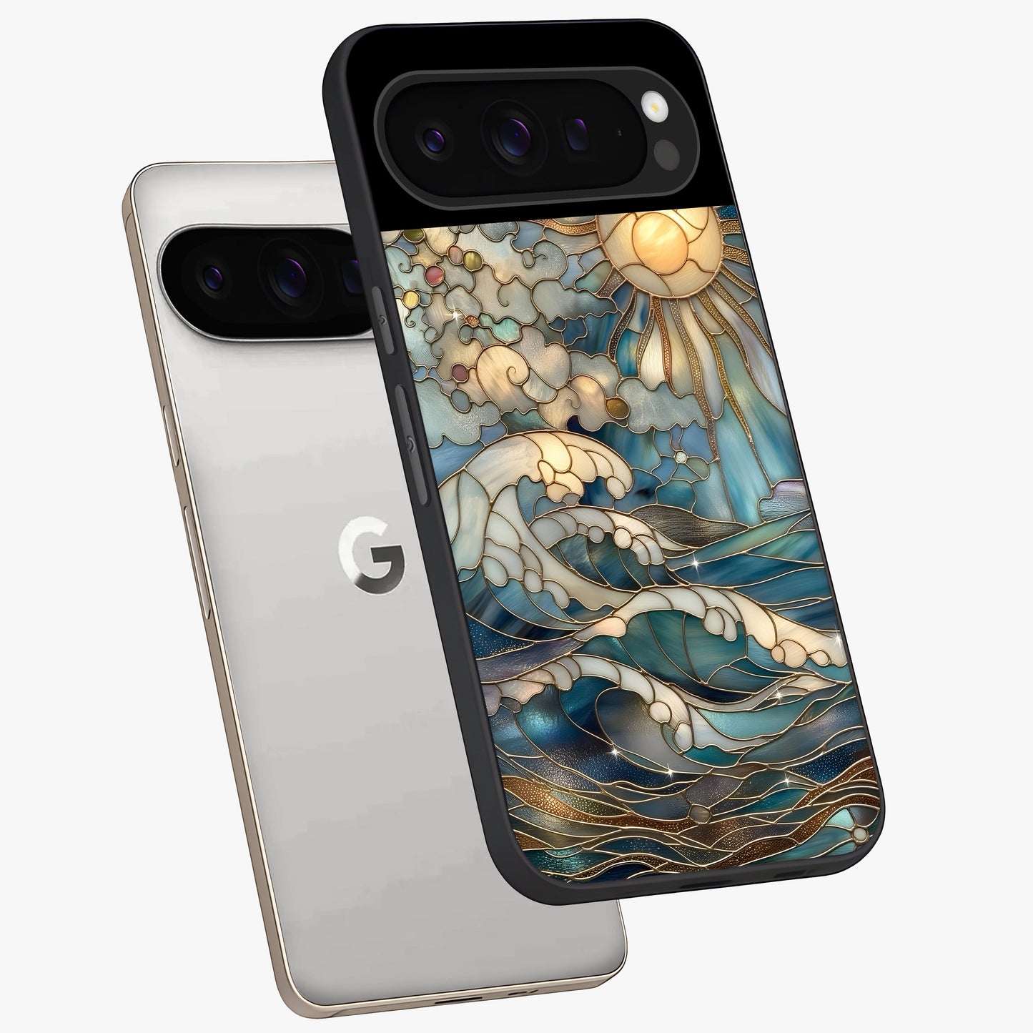 Oceanic Stained Printed Glass Case displayed in angled mockup highlighting colorful aquatic design with artistic aesthetic style.