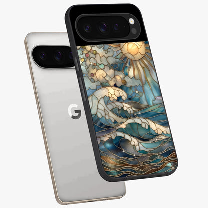 Oceanic Stained Printed Glass Case displayed in angled mockup highlighting colorful aquatic design with artistic aesthetic style.