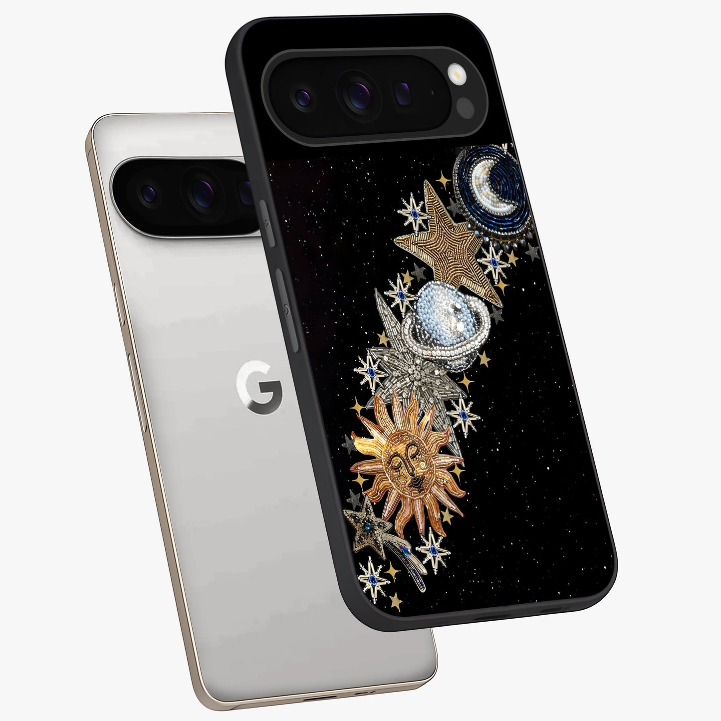 Pearls Universe Object Glass Case displayed in angled mockup highlighting celestial pearl design with dreamy aesthetic.