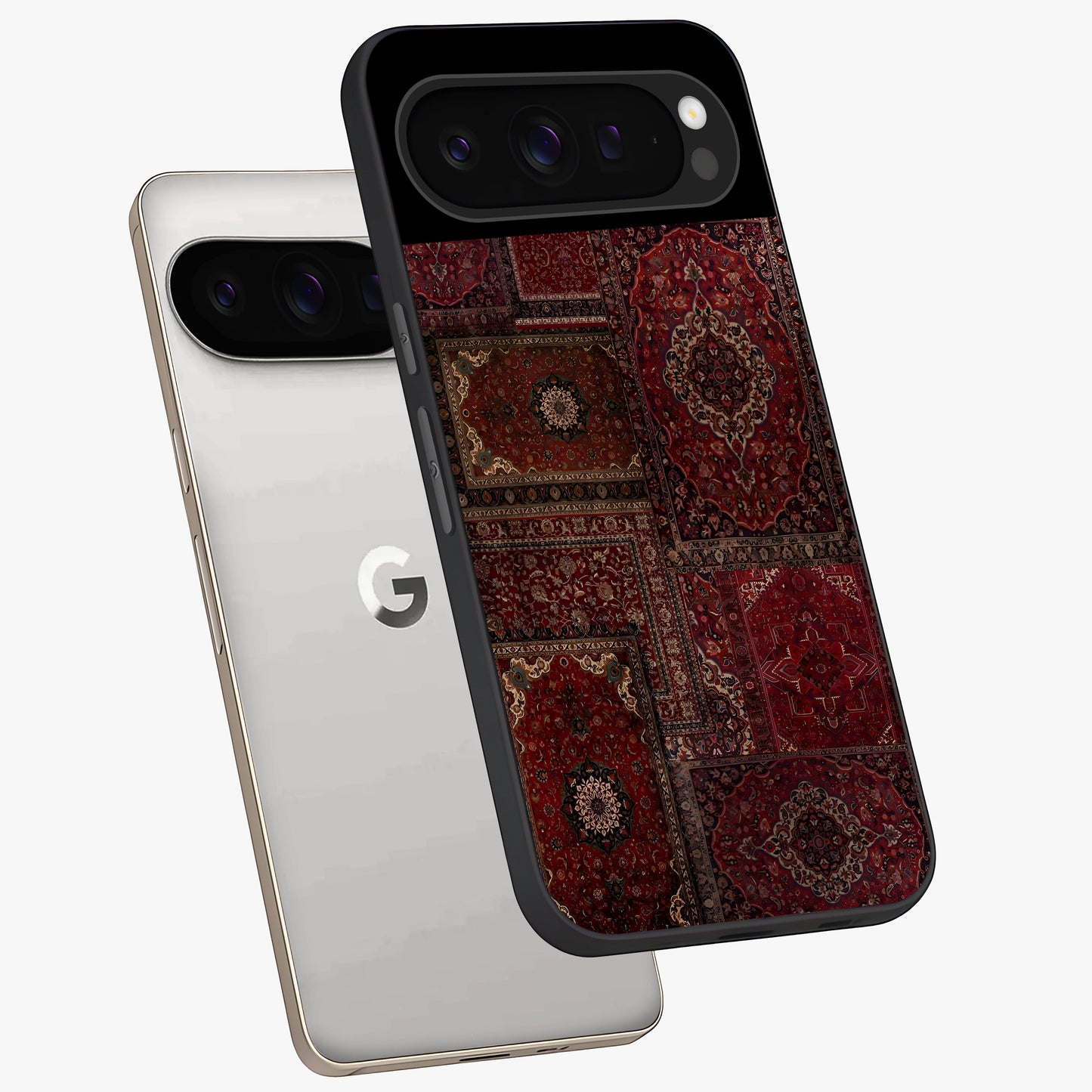 Persian Velvet Tale Glass Case displayed in angled mockup highlighting ornate textile inspired design with royal aesthetic.