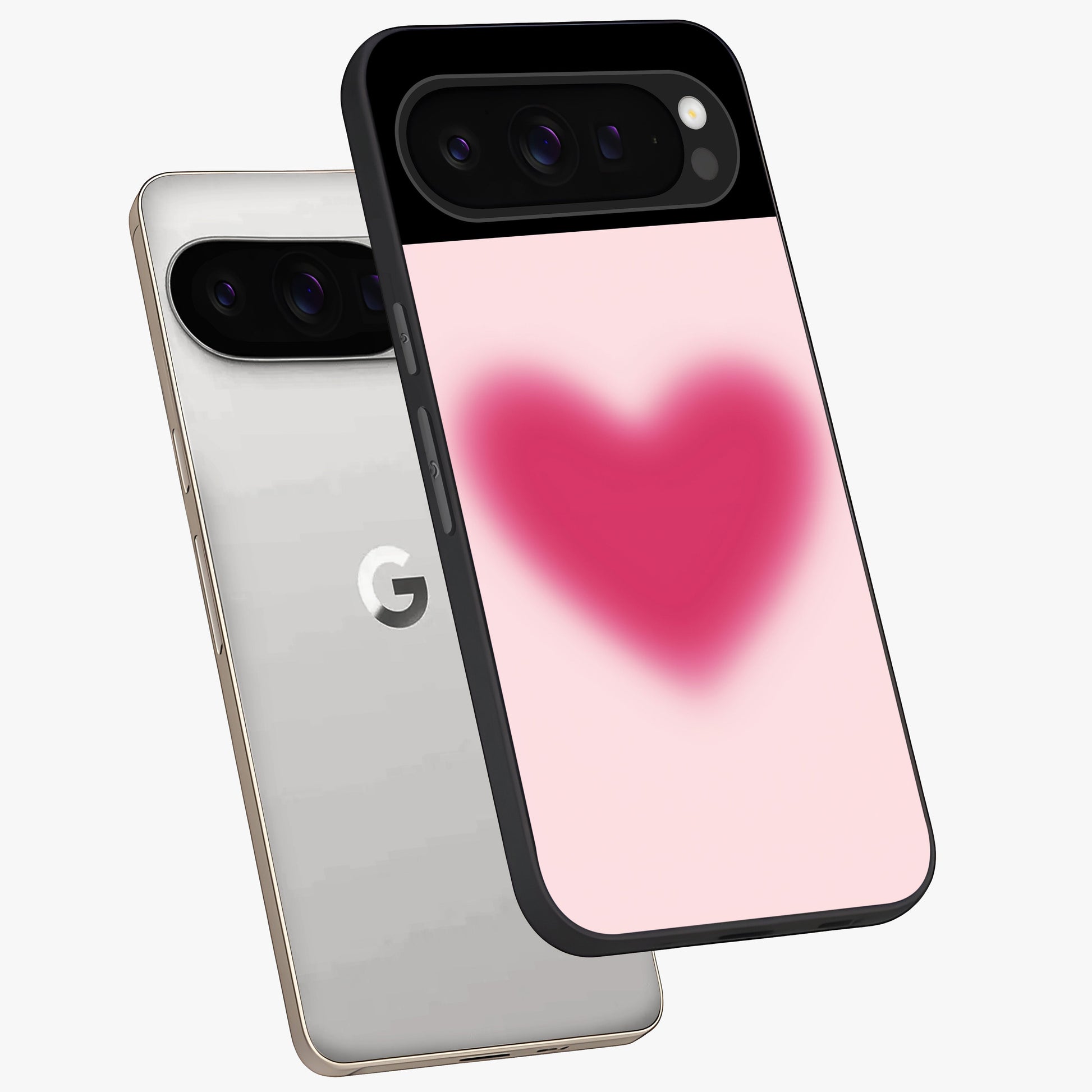 Pink Aura Heart Glass Case displayed in angled mockup highlighting vibrant pink heart design with dreamy aura aesthetic.