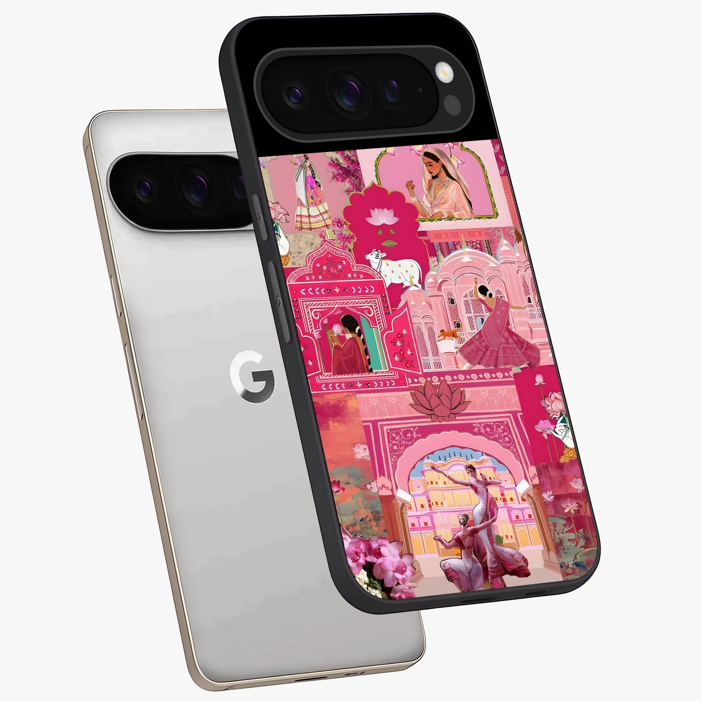 Pink Palace Muse Glass Case displayed in angled mockup highlighting dreamy palace illustration with soft pink aesthetic.