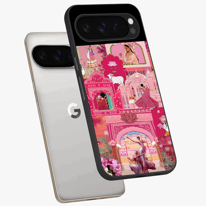 Pink Palace Muse Glass Case displayed in angled mockup highlighting dreamy palace illustration with soft pink aesthetic.