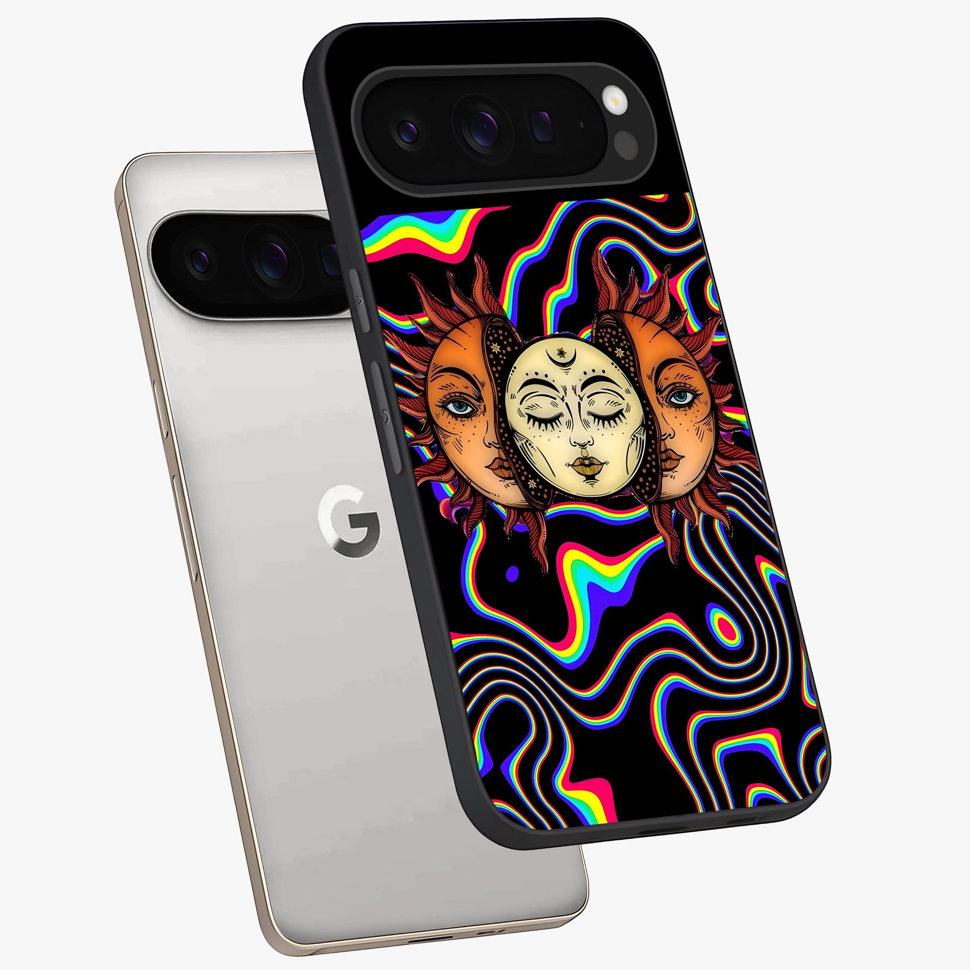Psychedelic Sun Glass Case displayed in angled mockup highlighting vibrant abstract sun design with artistic aesthetic style.