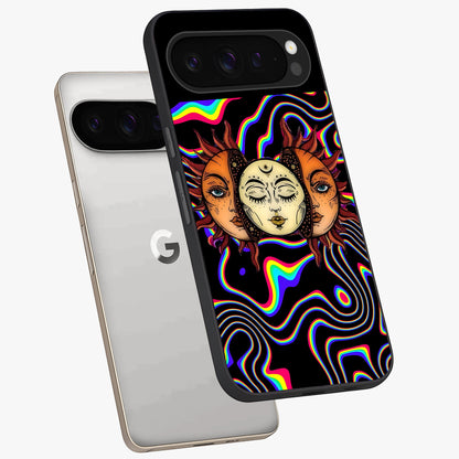 Psychedelic Sun Glass Case displayed in angled mockup highlighting vibrant abstract sun design with artistic aesthetic style.