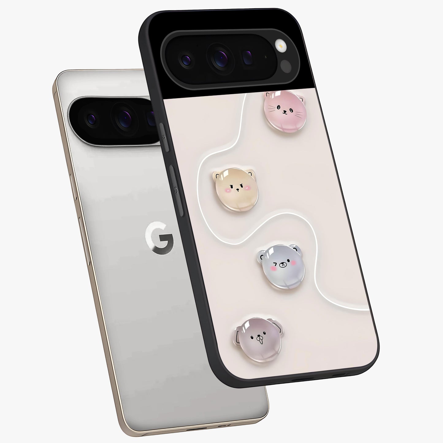 Puffy Face Parade Glass Case displayed in angled mockup highlighting playful cartoon face design with fun aesthetic.