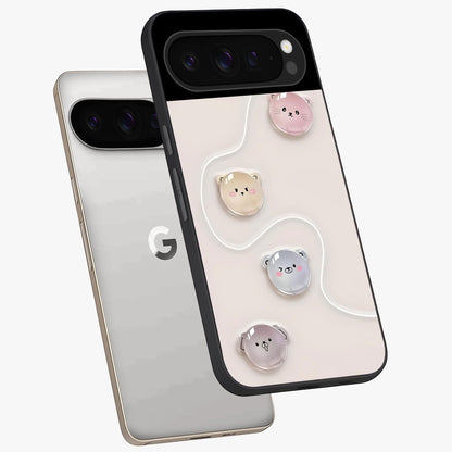 Puffy Face Parade Glass Case displayed in angled mockup highlighting playful cartoon face design with fun aesthetic.
