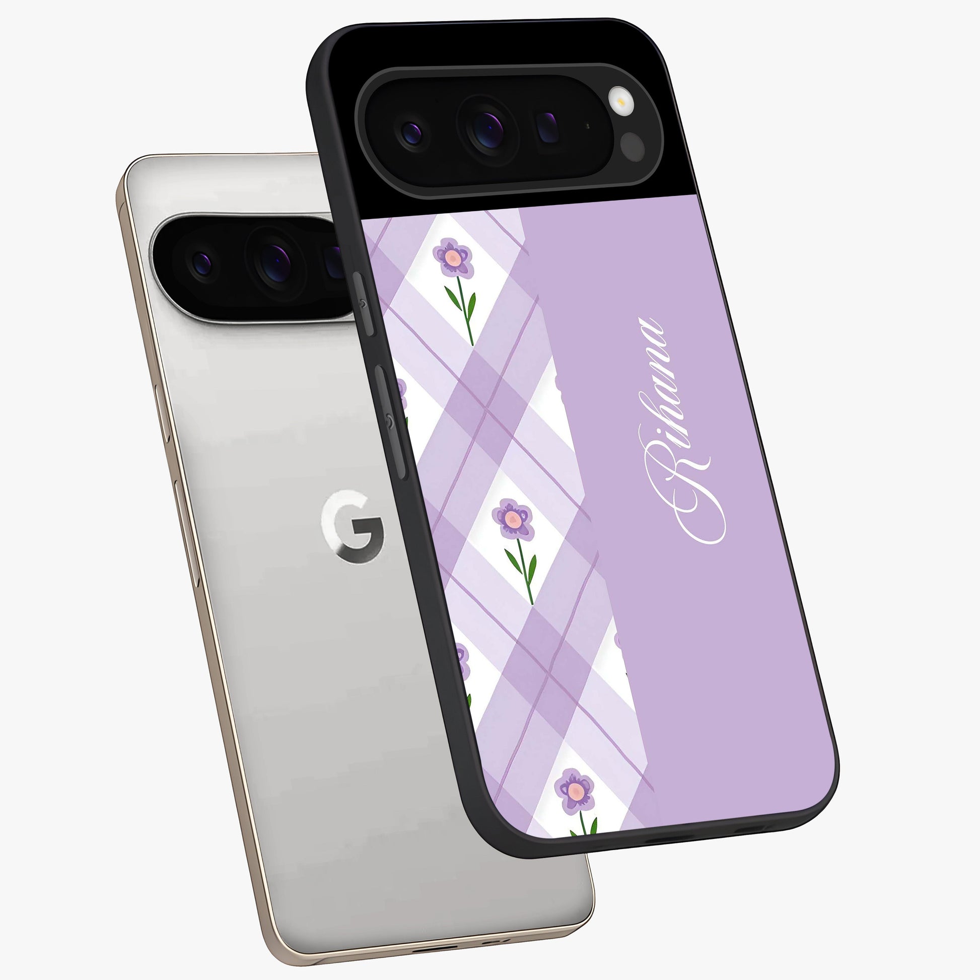 Purple Diamond Floral Glass Case displayed in angled mockup highlighting elegant purple flower design with decorative pattern.