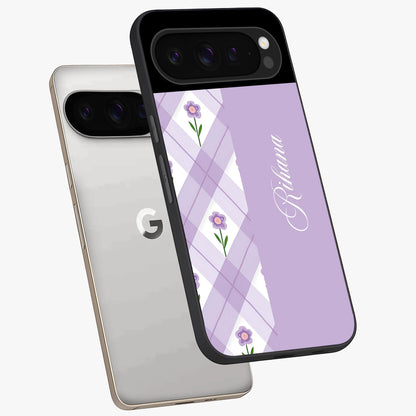 Purple Diamond Floral Glass Case displayed in angled mockup highlighting elegant purple flower design with decorative pattern.