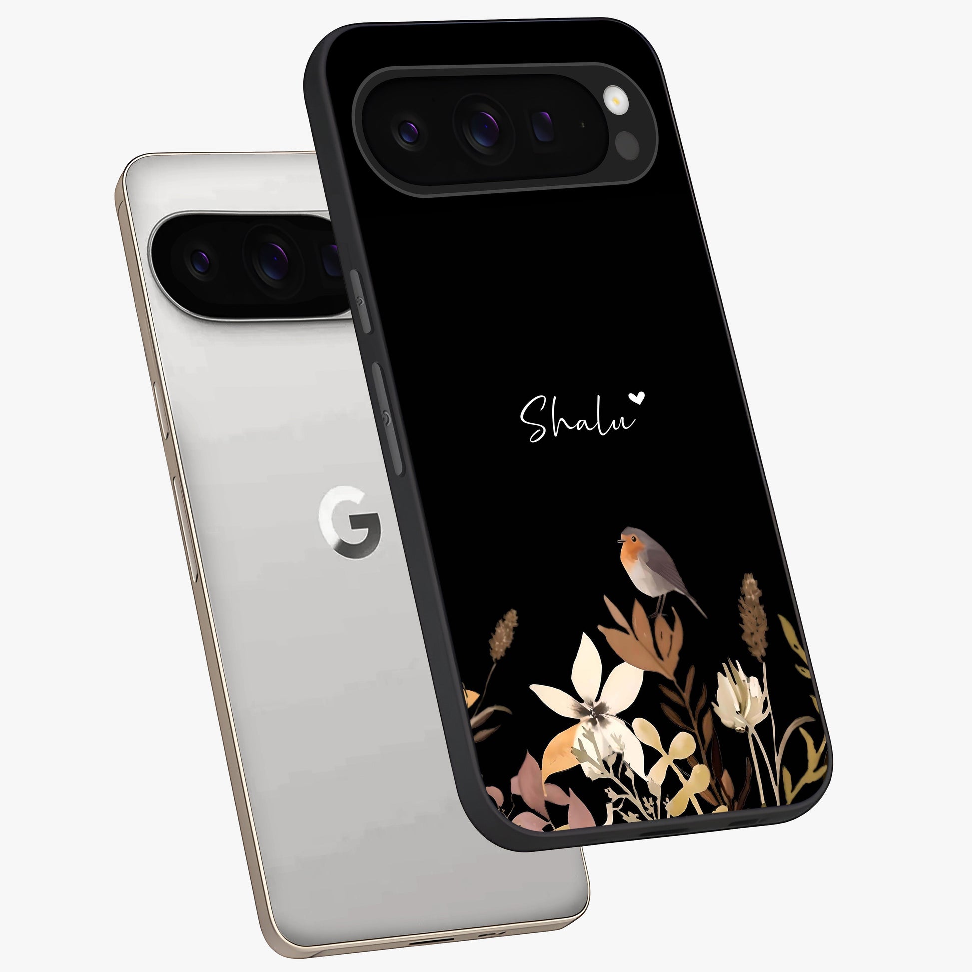 Quiet Garden Tune Custom Name Glass Case displayed in angled mockup highlighting delicate floral garden design with custom name feature.