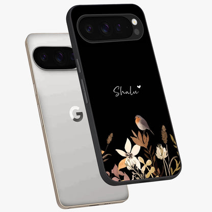 Quiet Garden Tune Custom Name Glass Case displayed in angled mockup highlighting delicate floral garden design with custom name feature.