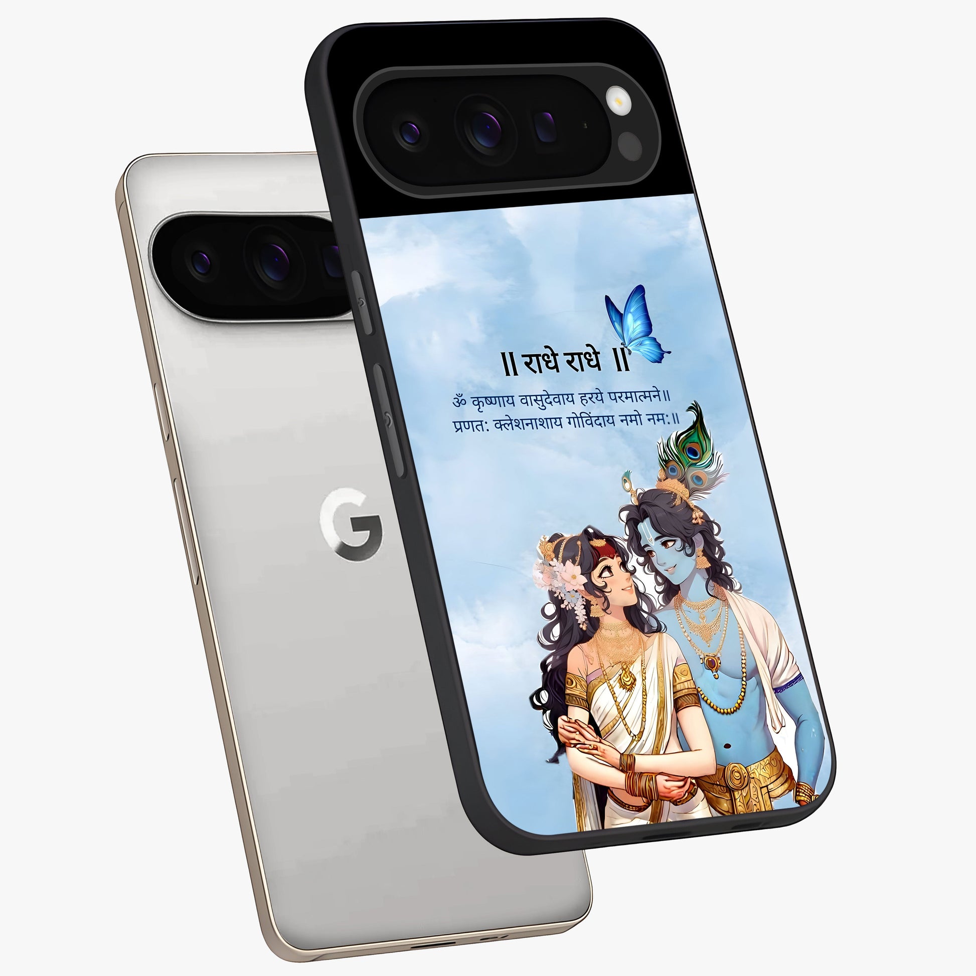Radha Krishna Eternal Glass Case displayed in angled mockup highlighting divine Radha Krishna illustration with spiritual aesthetic.