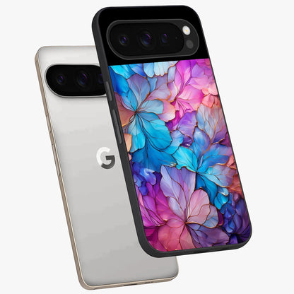 Radiant Floral Whirl Glass Case displayed in angled mockup highlighting vibrant flower pattern with dynamic artistic aesthetic.