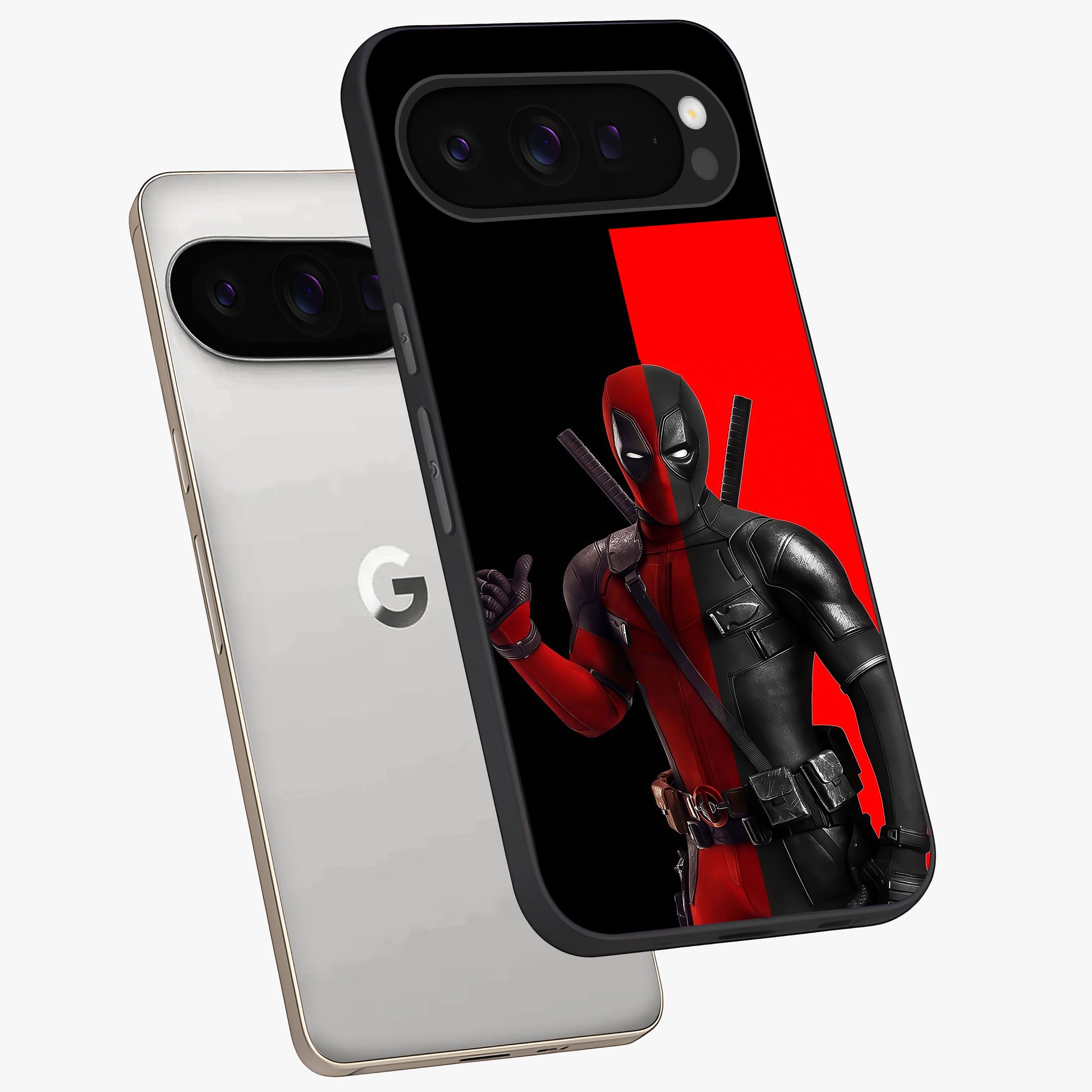 Red & Black Deadpool Theme Glass Case displayed in angled mockup highlighting vibrant superhero style illustration with action aesthetic.