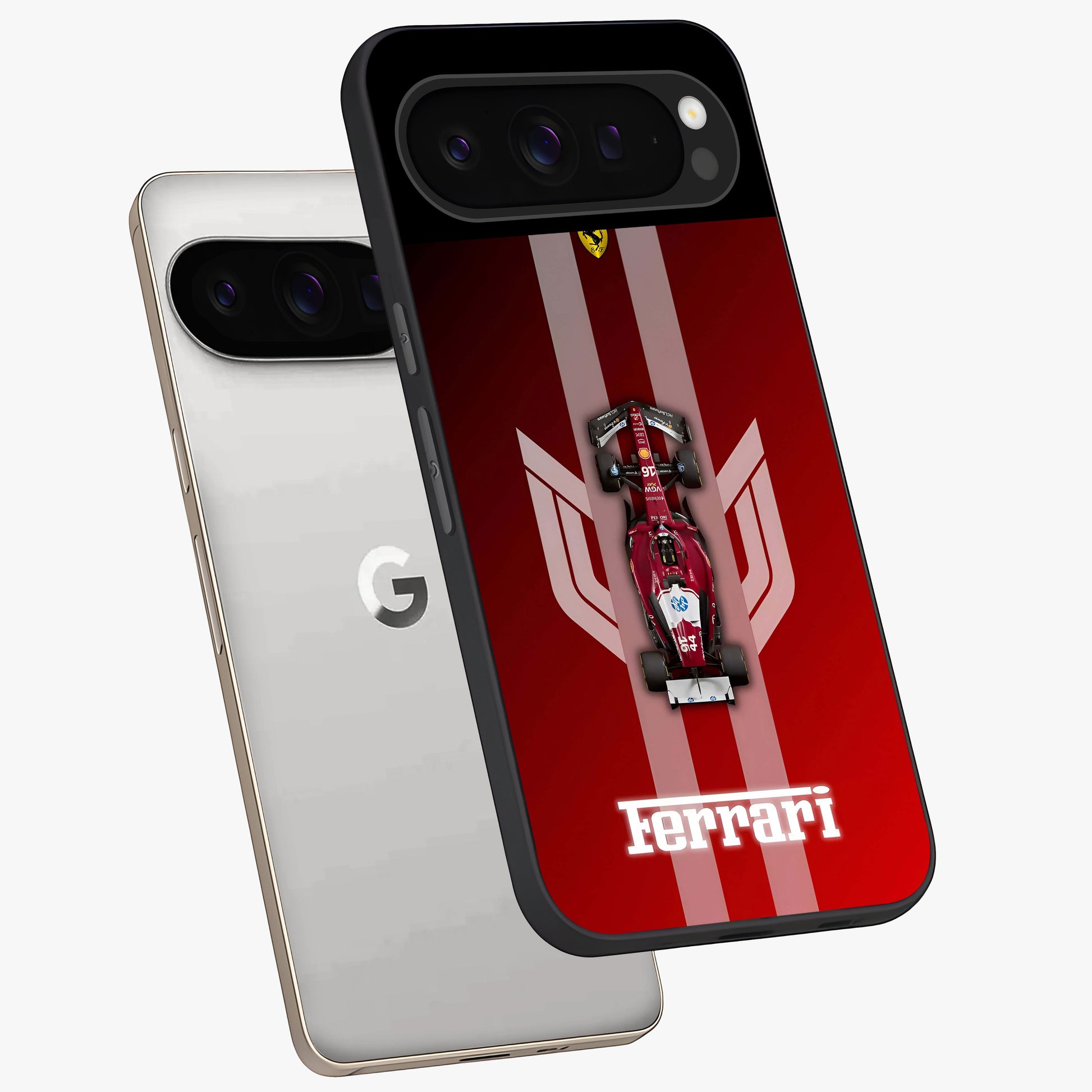 Red Ferrari F1 Vertical Glass Case displayed in angled mockup highlighting high speed racing design with bold automotive aesthetic.