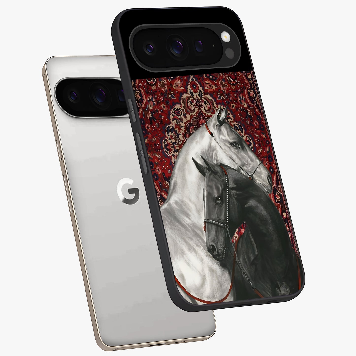 Regal Stallion Tapestry Glass Case displayed in angled mockup highlighting royal stallion design with decorative heritage aesthetic.
