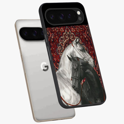 Regal Stallion Tapestry Glass Case displayed in angled mockup highlighting royal stallion design with decorative heritage aesthetic.