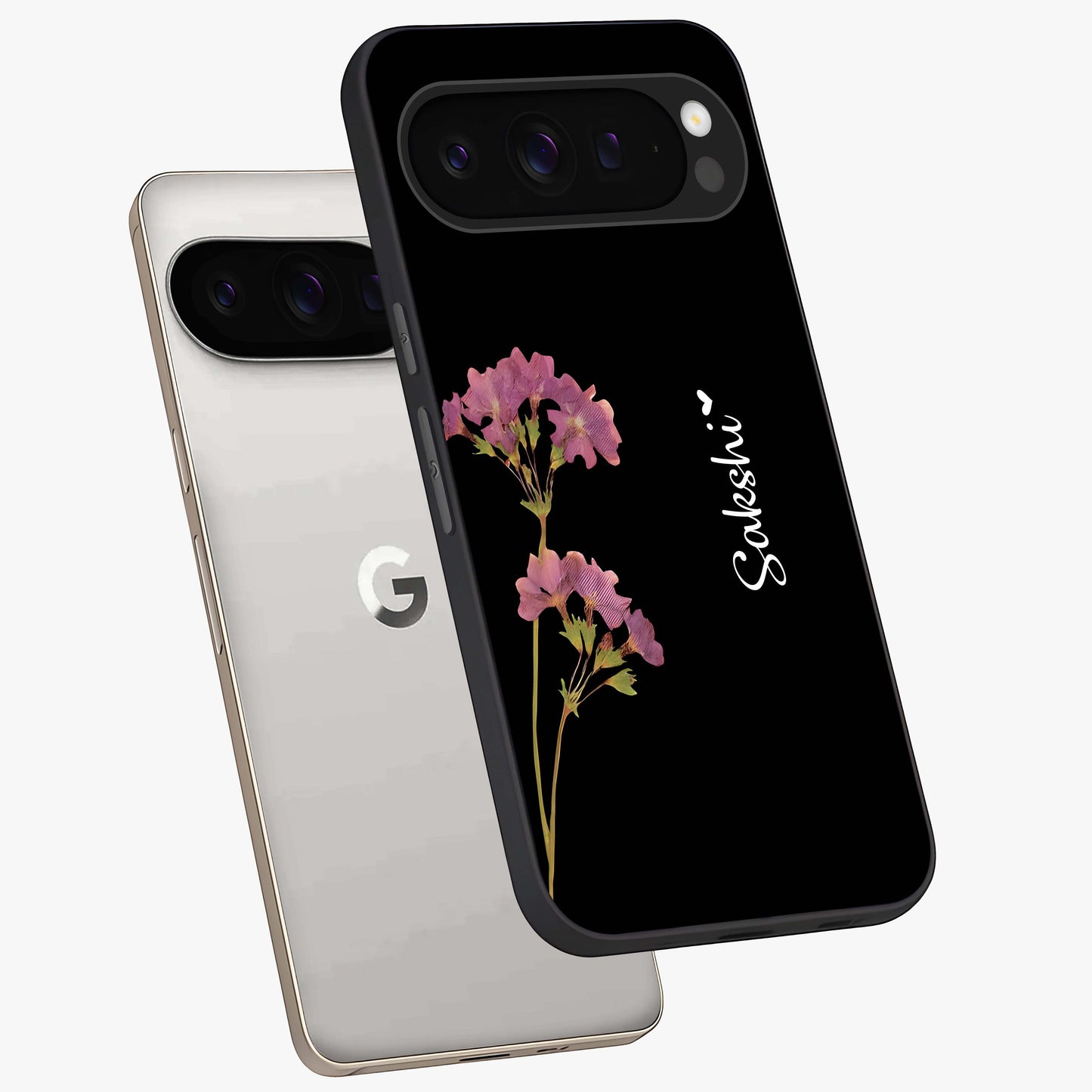 Riching Lavender Flower Custom Name Glass Case displayed in angled mockup highlighting delicate lavender flower design with custom name feature.