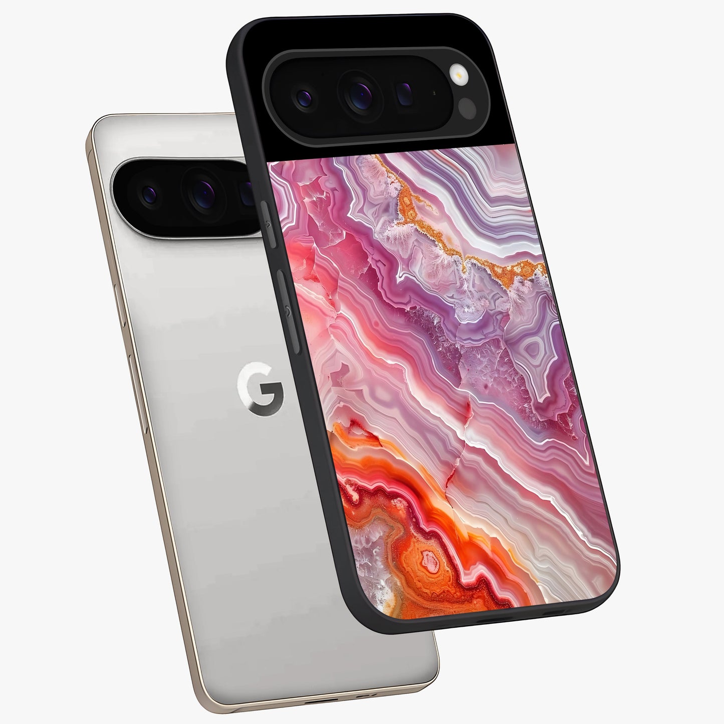Rose Quartz Marble Glass Case displayed in angled mockup highlighting elegant marble pattern with soft aesthetic style.
