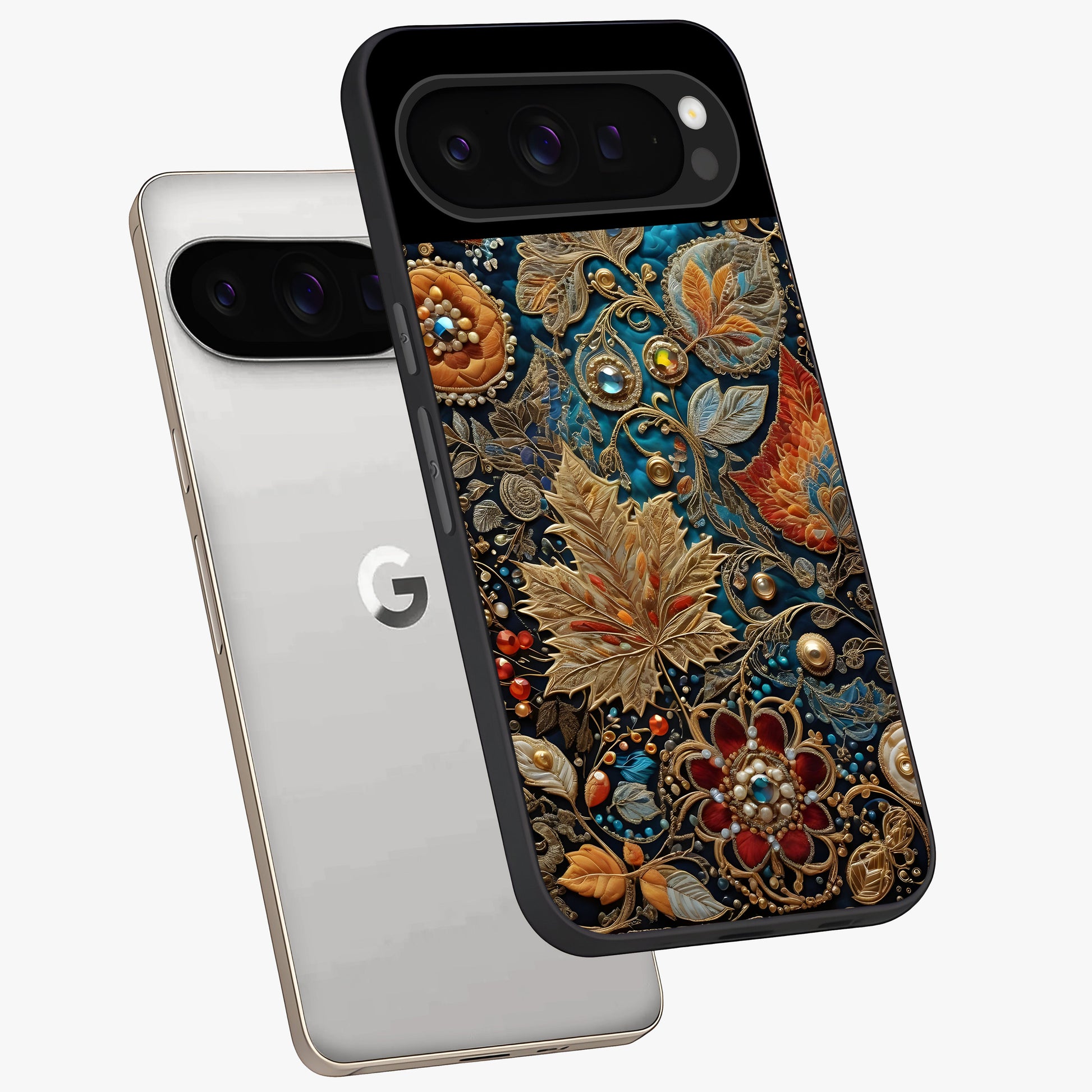 Royal Jewel Garden Glass Case displayed in angled mockup highlighting vibrant jewel inspired floral design with elegant aesthetic.