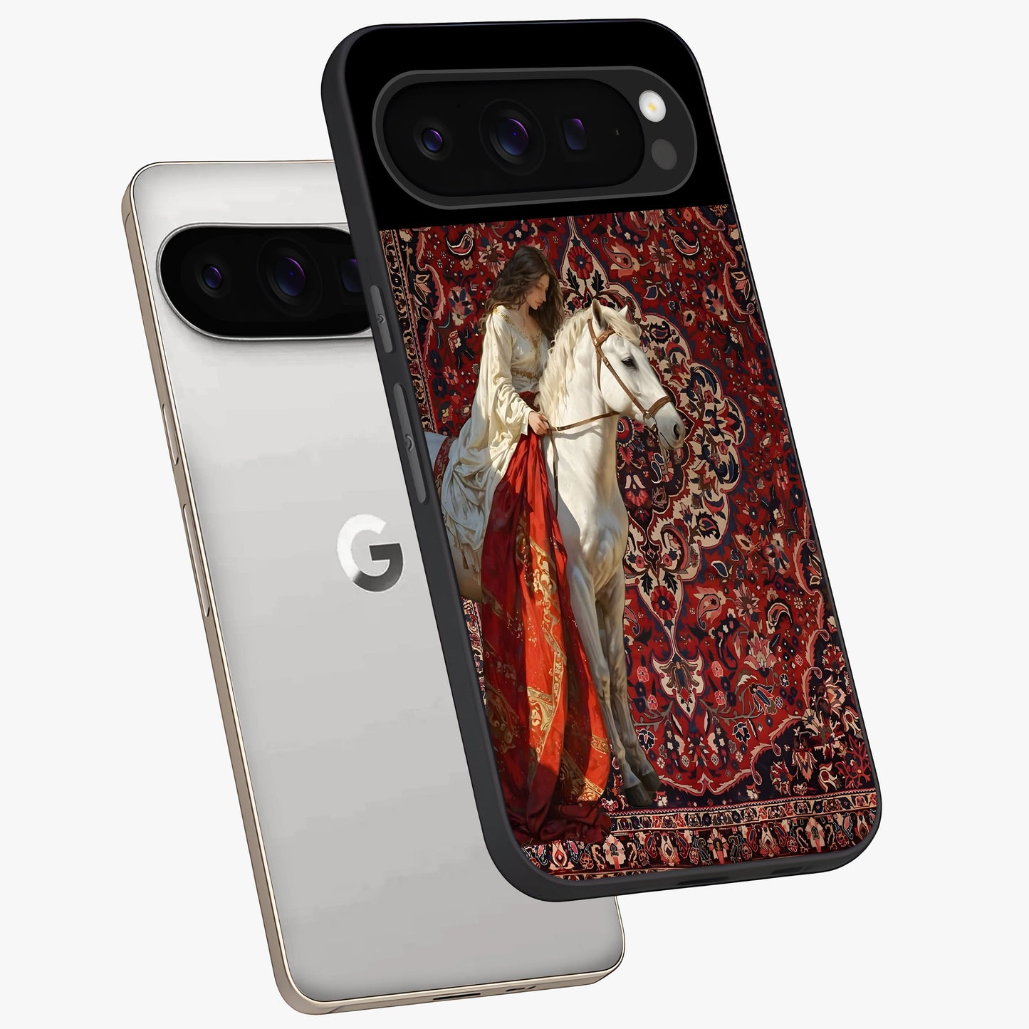Royal Rider Tapestry Glass Case displayed in angled mockup highlighting traditional tapestry design with royal heritage aesthetic.