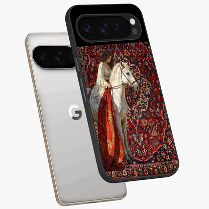 Royal Rider Tapestry Glass Case displayed in angled mockup highlighting traditional tapestry design with royal heritage aesthetic.