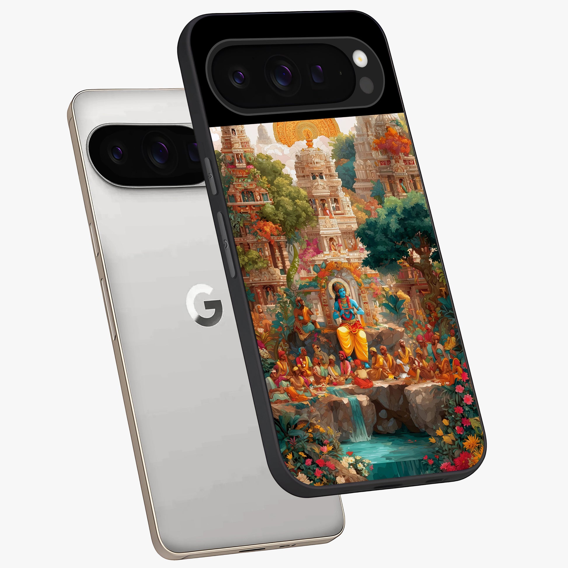 Sacred Sunlight Gods Glass Case displayed in angled mockup highlighting radiant spiritual design with celestial aesthetic.