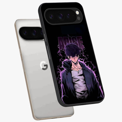 Shadow Monarch Awakening Glass Case displayed in angled mockup highlighting dramatic shadow warrior design with fantasy aesthetic.