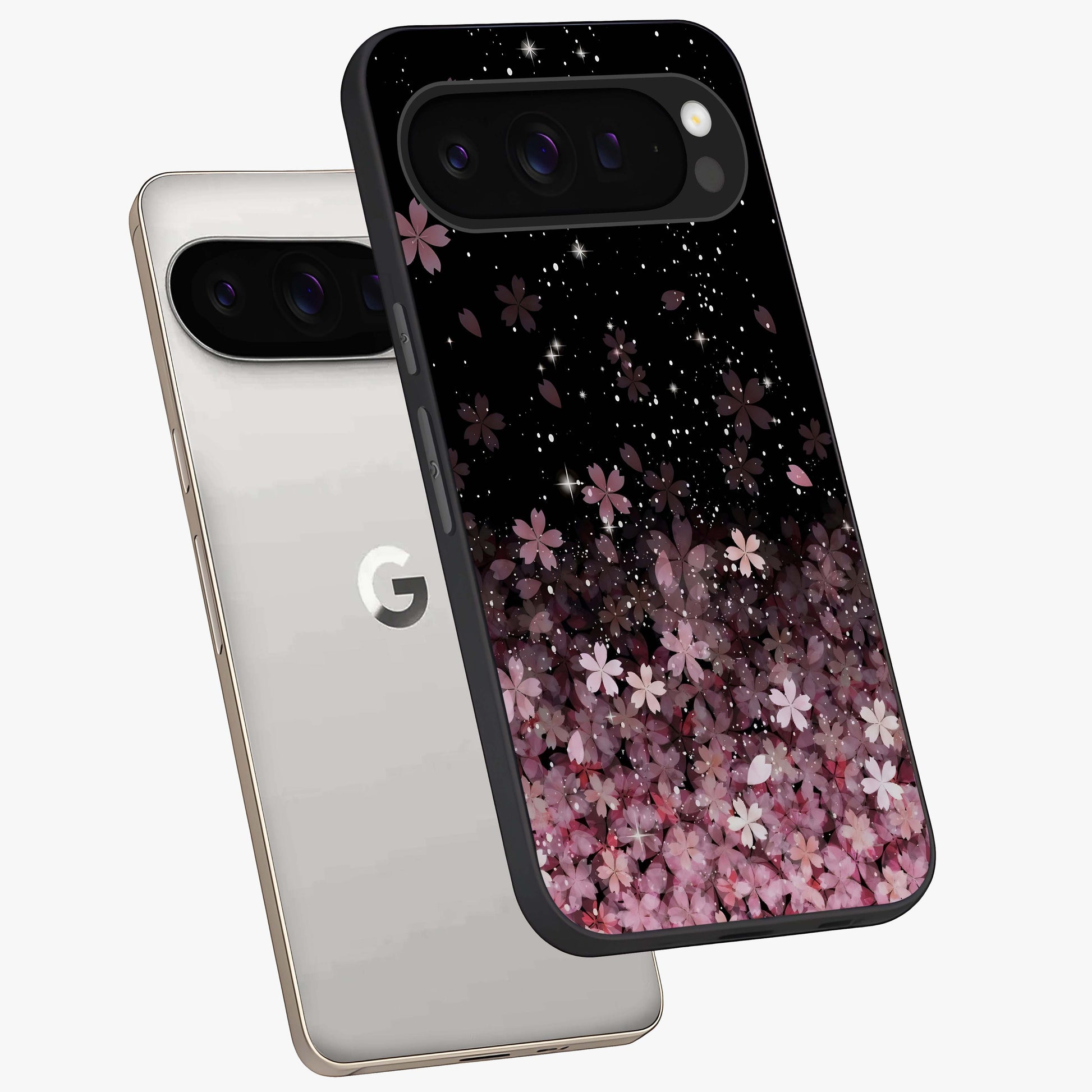 Small Starry Flowers Glass Case displayed in angled mockup highlighting tiny flower pattern with celestial aesthetic style.