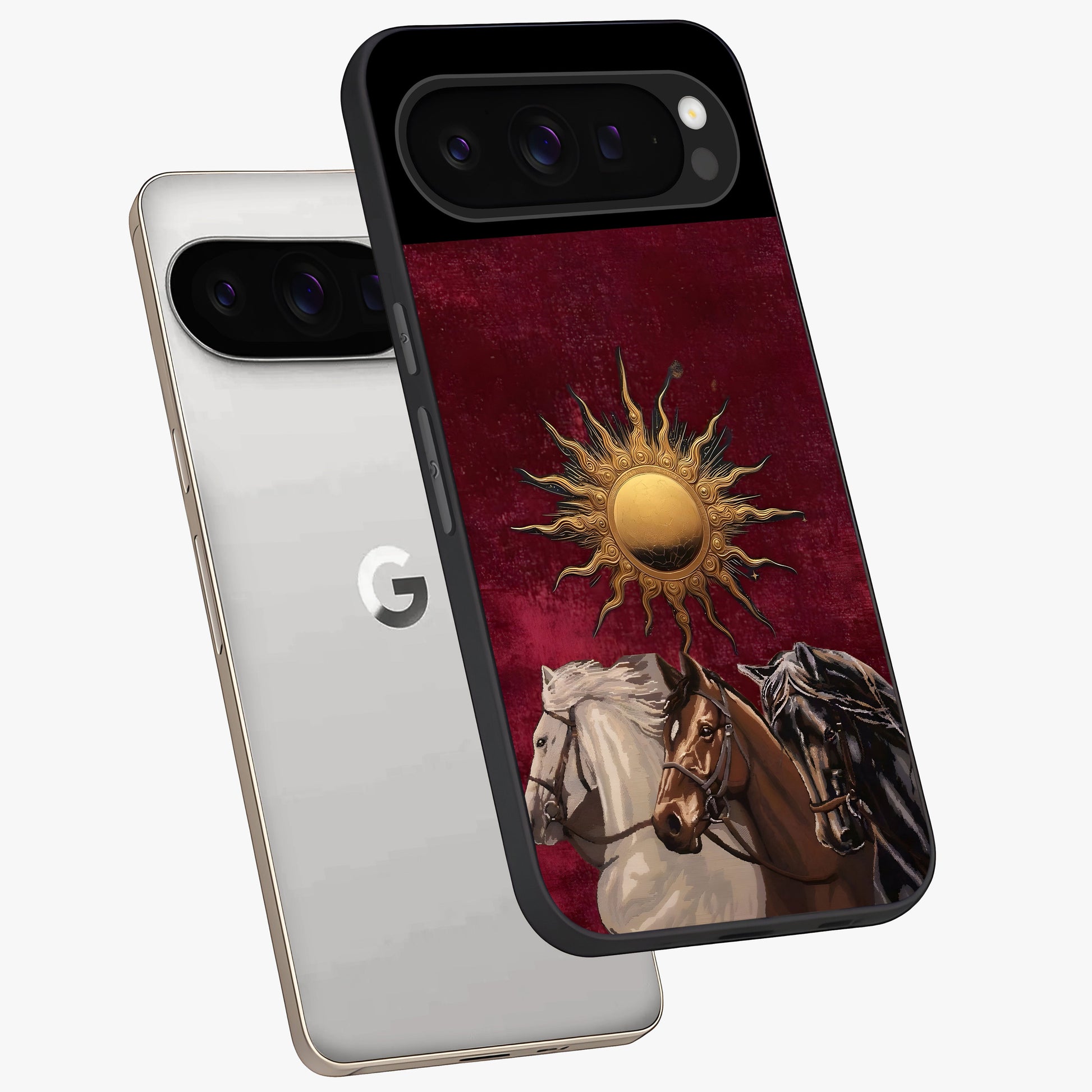 Solar Riders Glass Case displayed in angled mockup highlighting powerful rider illustration with radiant solar aesthetic.
