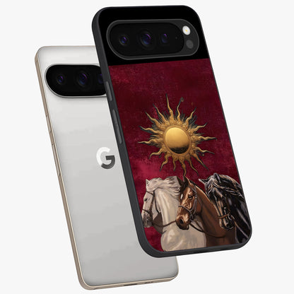 Solar Riders Glass Case displayed in angled mockup highlighting powerful rider illustration with radiant solar aesthetic.