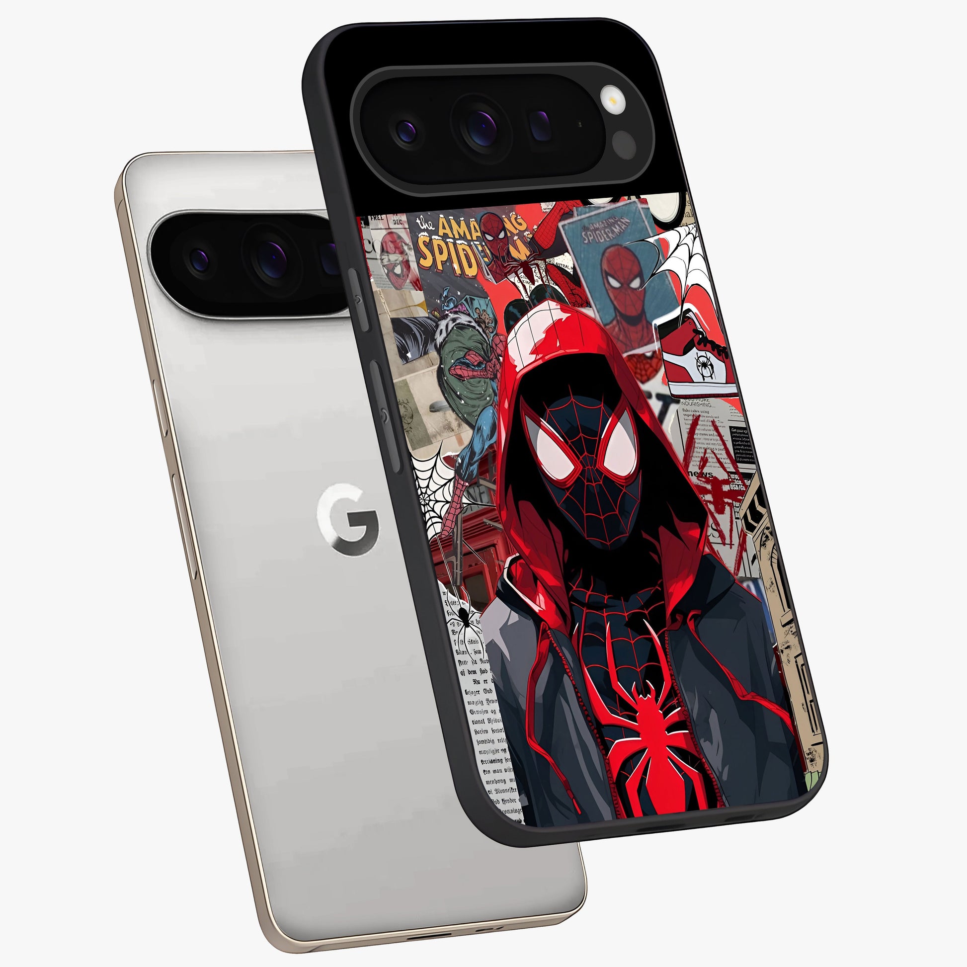 Spider Collage Street Glass Case displayed in angled mockup highlighting dynamic street style collage design with comic aesthetic.
