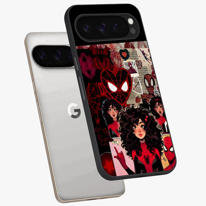 Spider Love Story Glass Case displayed in angled mockup highlighting expressive comic inspired design with playful aesthetic.